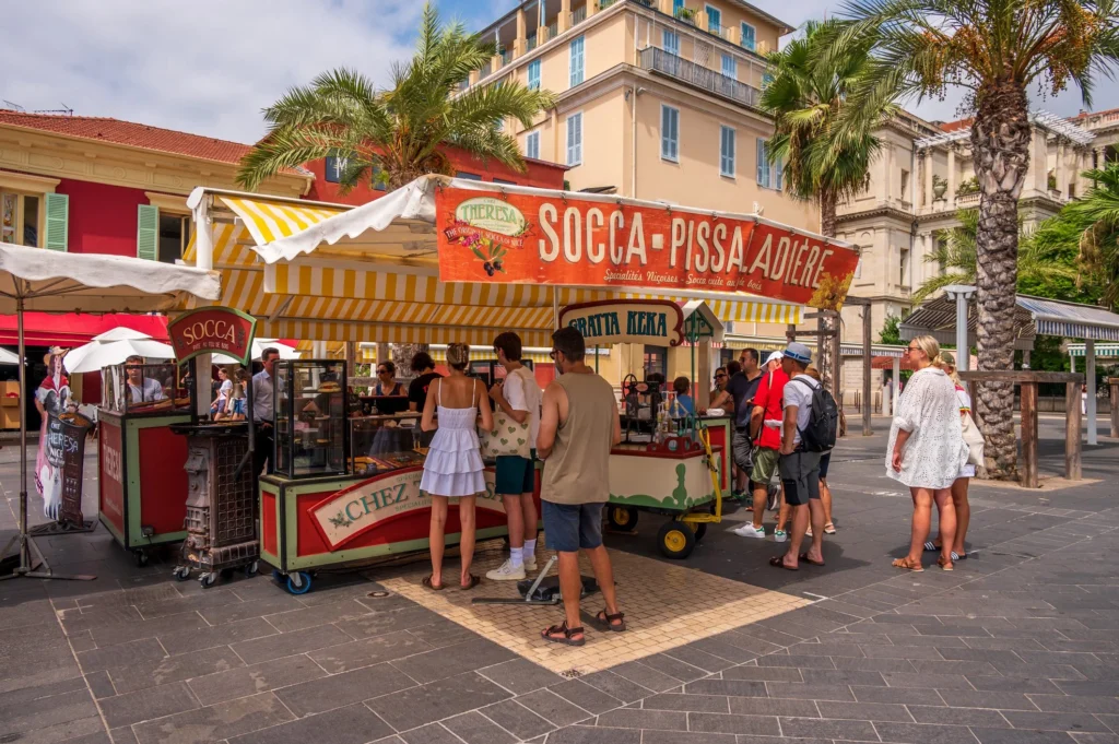 socca stand at the local market in nice