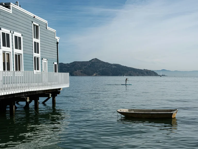Scoma's looking out at paddle boarder and Angel Island in Sausalito