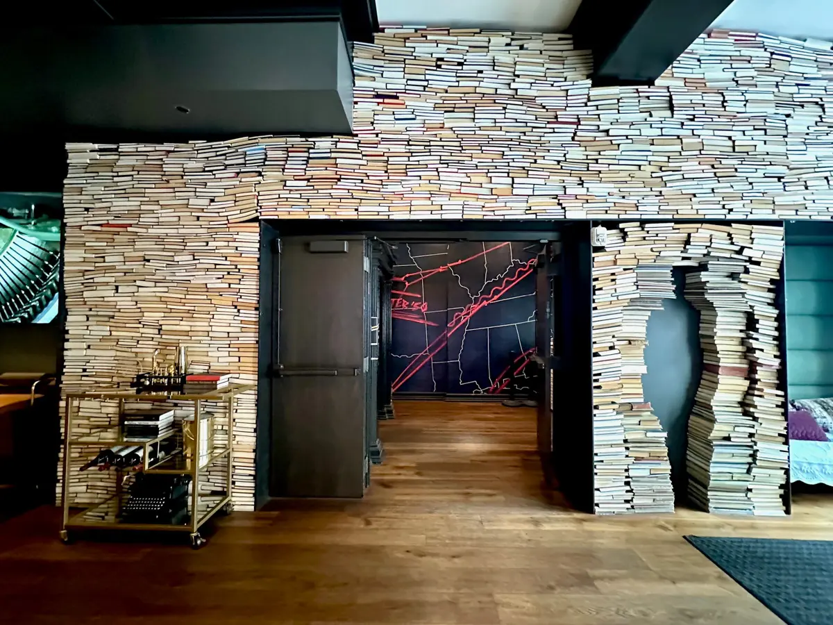 Hotel Emblem lobby is full of book and literary themes