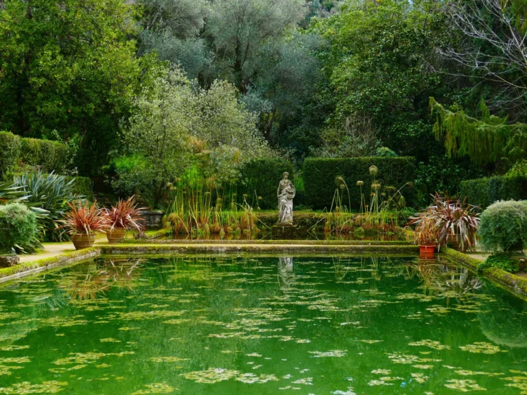 A pond and lush gardens at Serre de la Madone gardens on the French Riviera
