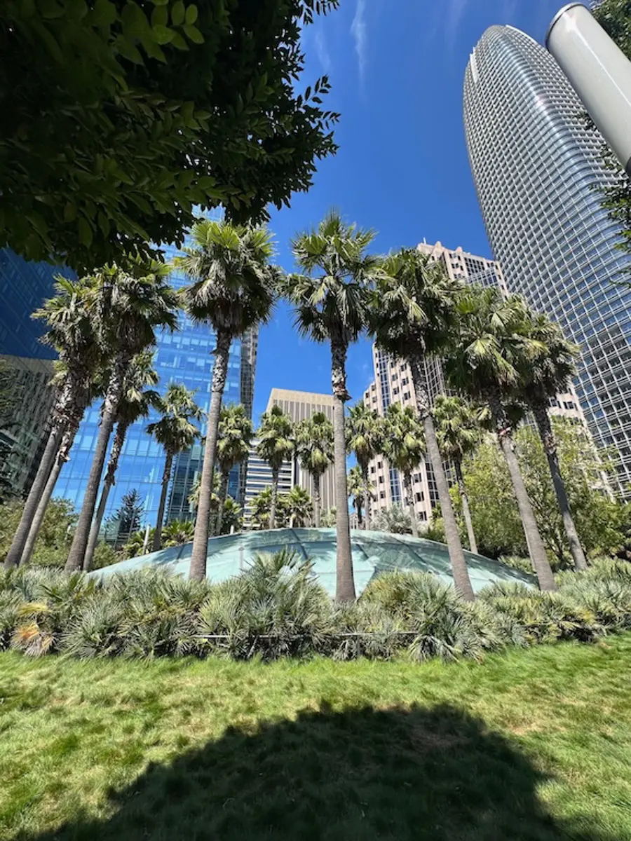 sales force park with tower and palm trees on a sunny day in san francisco