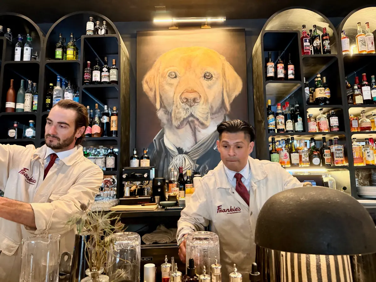 frankie's in the marina with a portrait of a dog over the bar