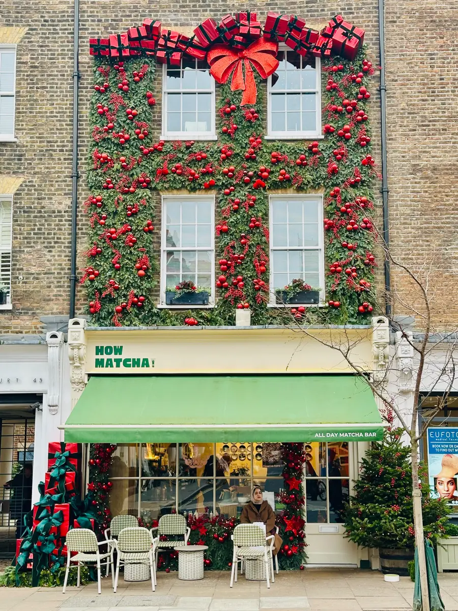 a cafe in marylebone decorated for christmas