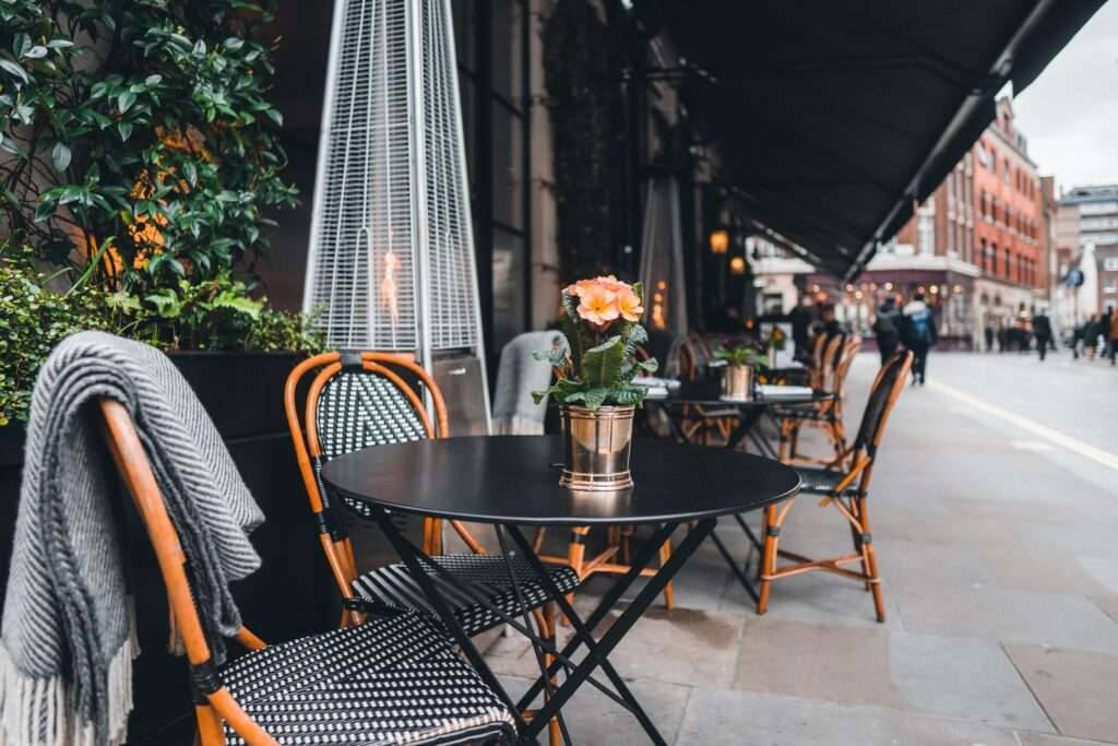 Outdoor cafe tables in the Marylebone neighborhood of London