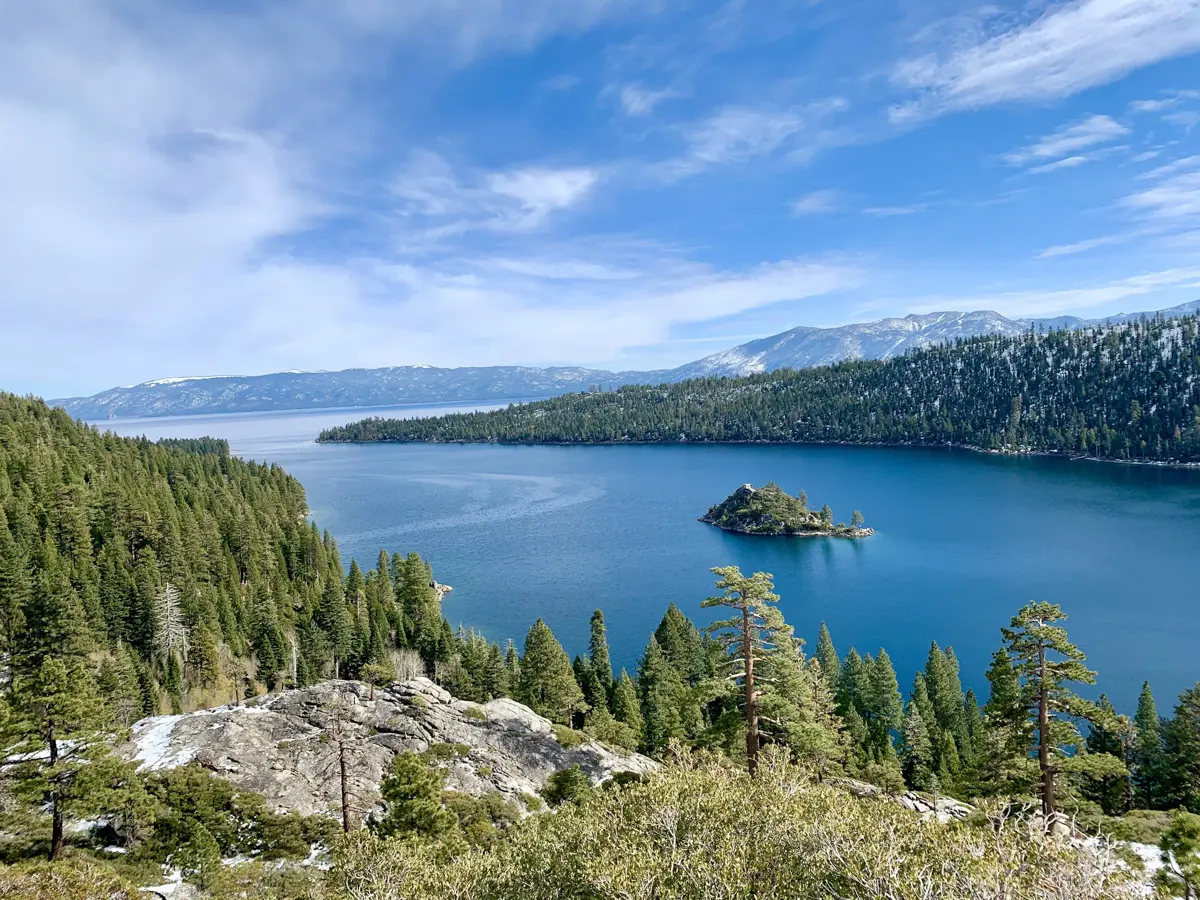 a view of emerald bay lake tahoe and fannette island in the middle