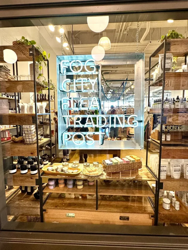 fog city flea trading post shop neon sign in ferry building