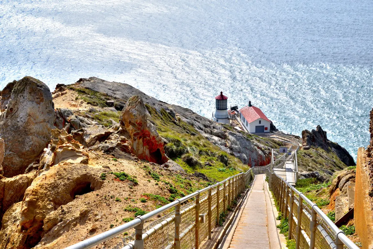 Point Reyes Lighthouse with steep stairs going down to ocean