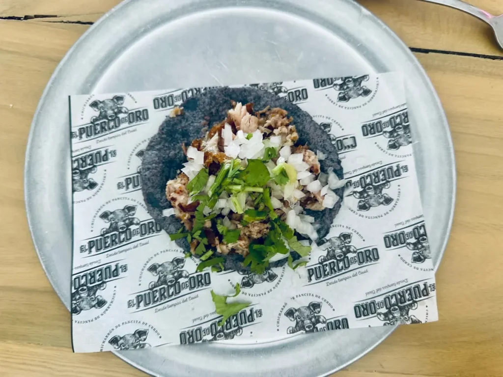 a taco in a blue corn tortilla in puerto vallarta