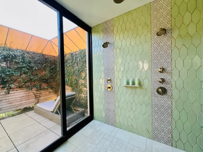 shower at bernardus lodge & spa in carmel with green tiles and outdoor lounge