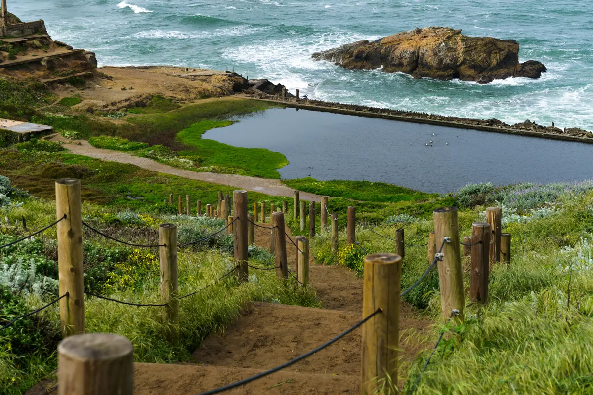 steps leading down to Lands End and sutro baths, one of many free viewpoints in San Francisco