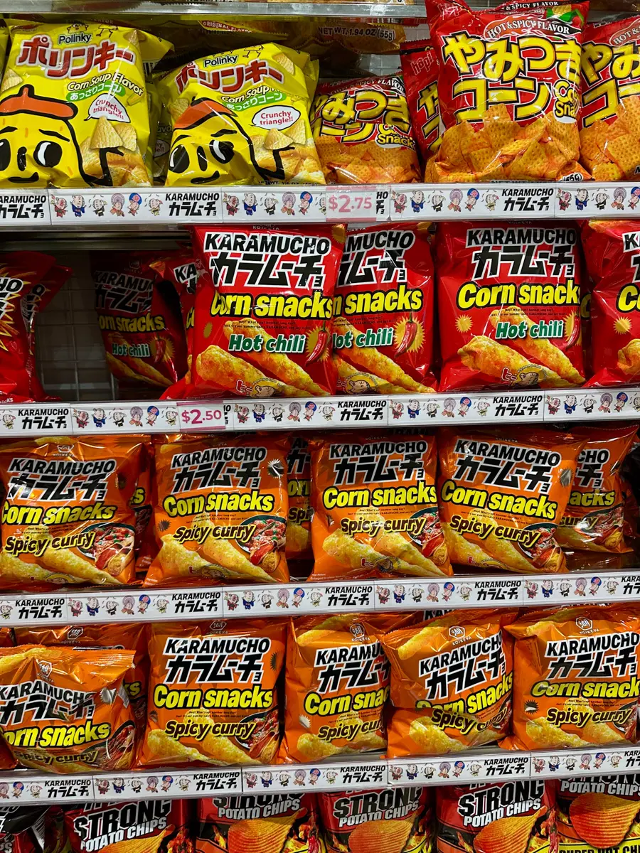 rows of japanese savory snacks in Japantown, san francisco