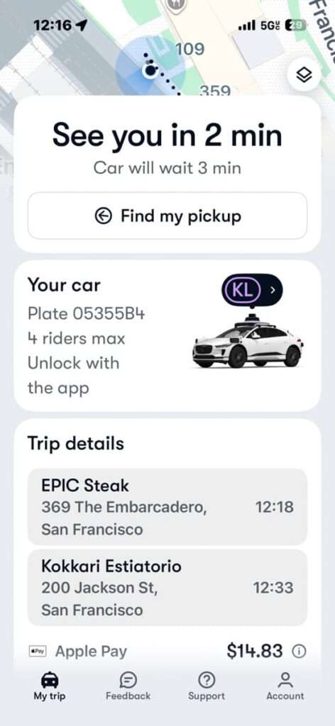Waymo driverless car app screen