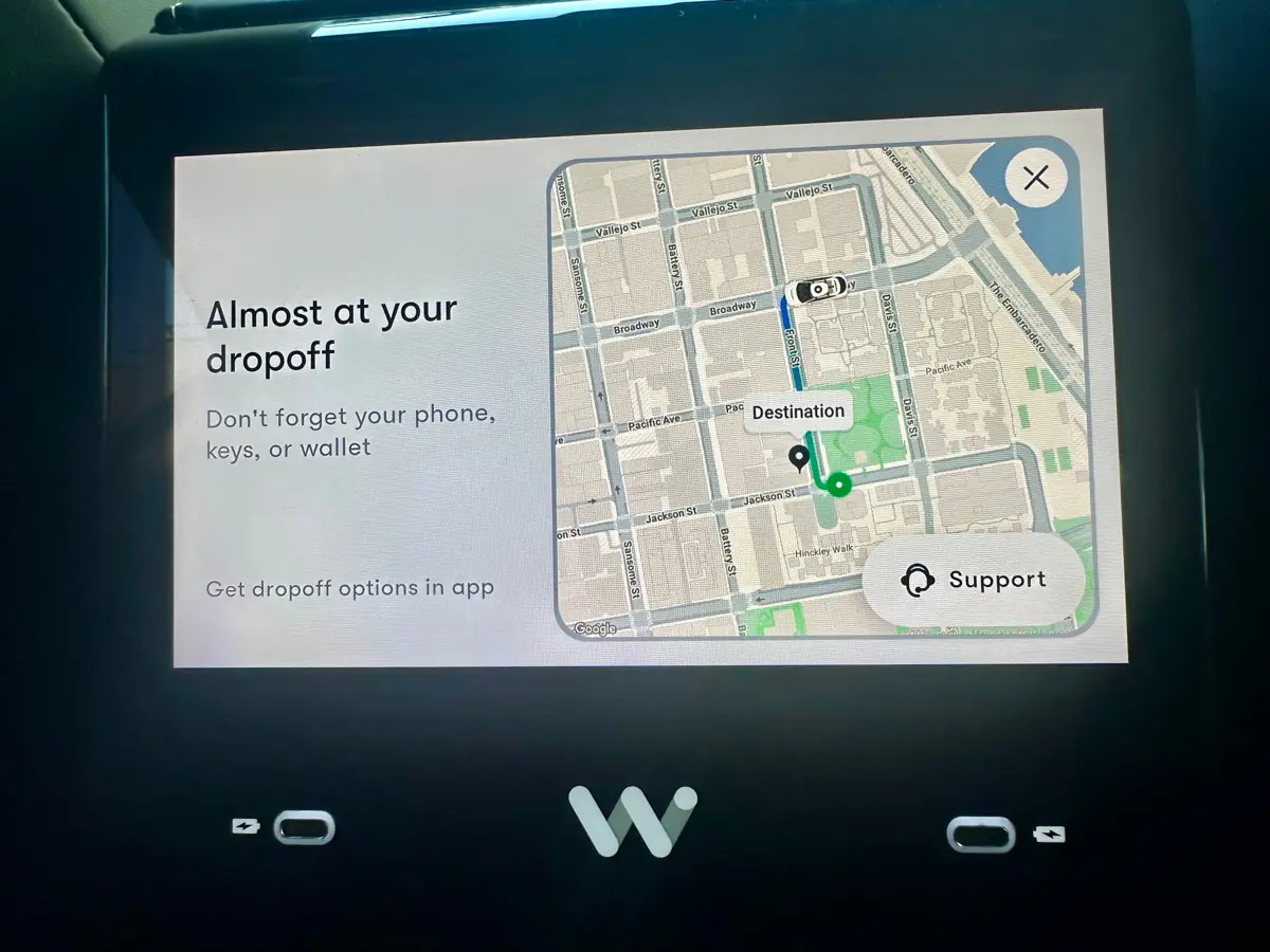 drop off screen inside a waymo driverless car in san francisco