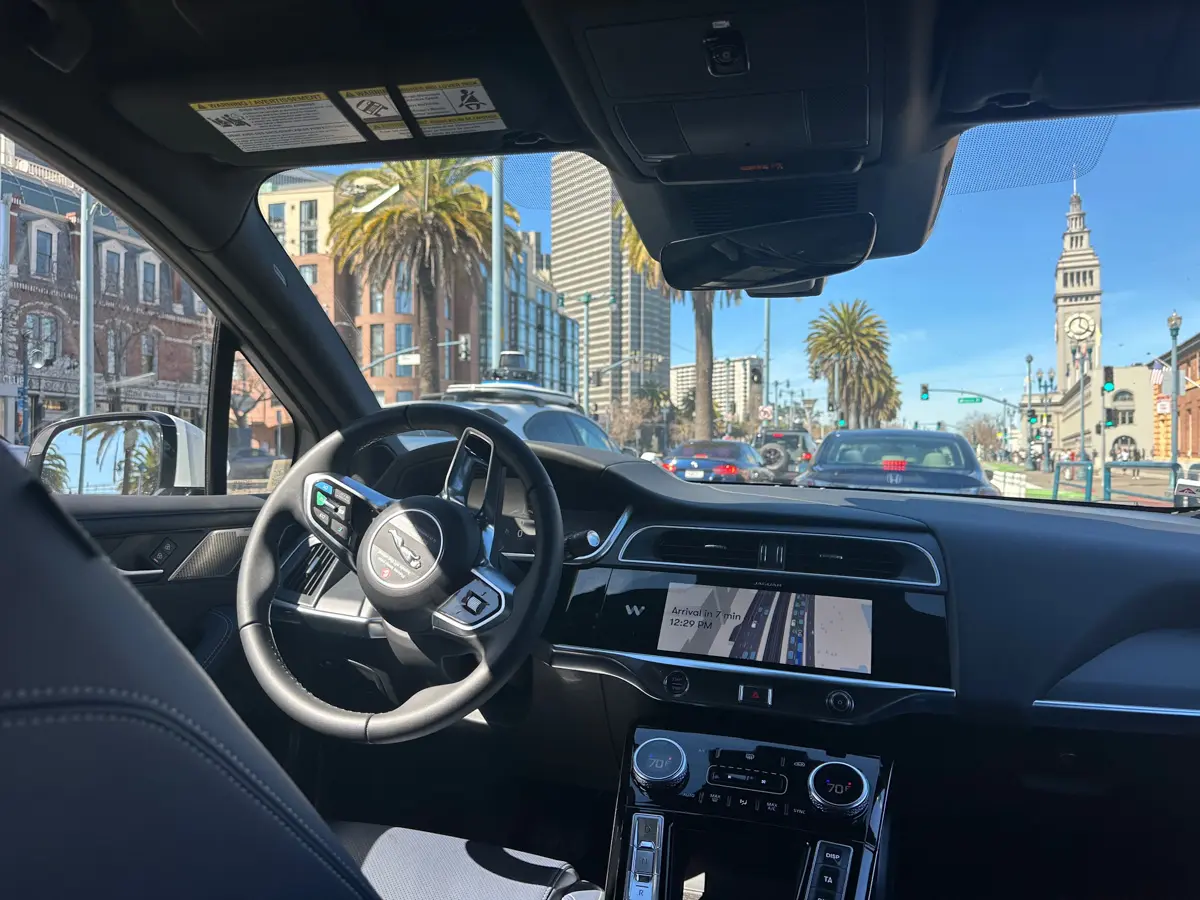 view from the backseat of a Waymo driverless car in San Francisco
