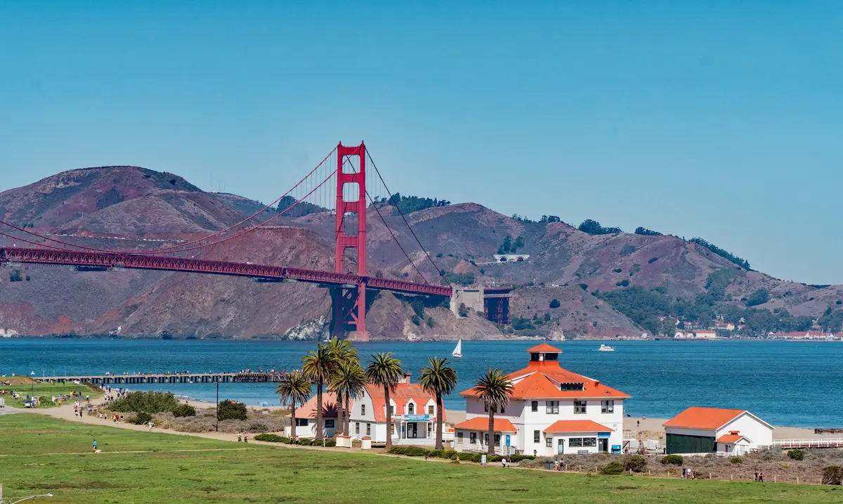 Crissy Field with a walking path to the golden gate bridge, a fun activity for families
