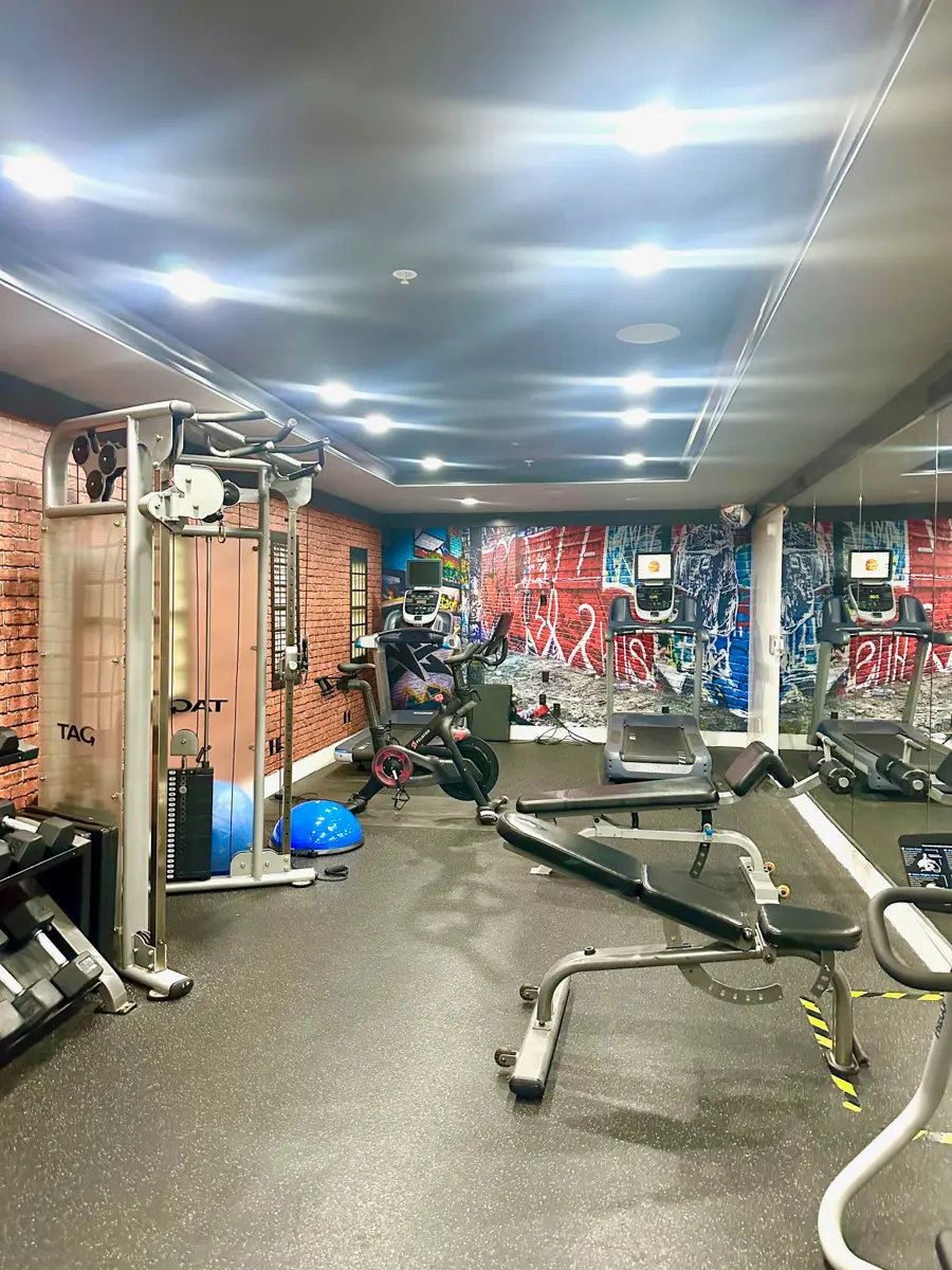 Hotel Zelos gym with equipment and graffiti wall