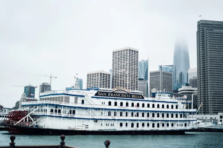 San Francisco Belle boat on a foggy and rainy day in San Francisco.