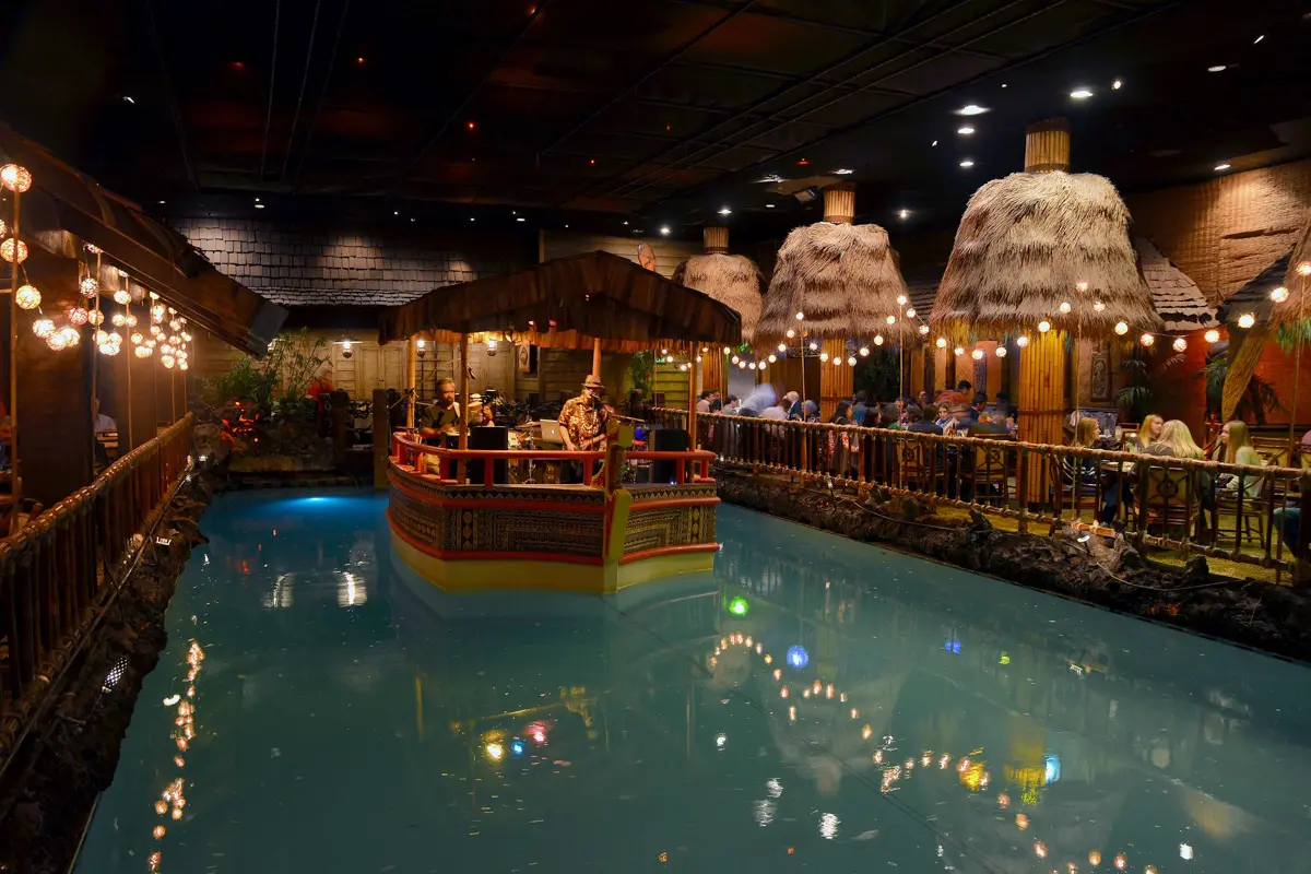 tonga room at fairmont hotel with lagoon and band on floating barge