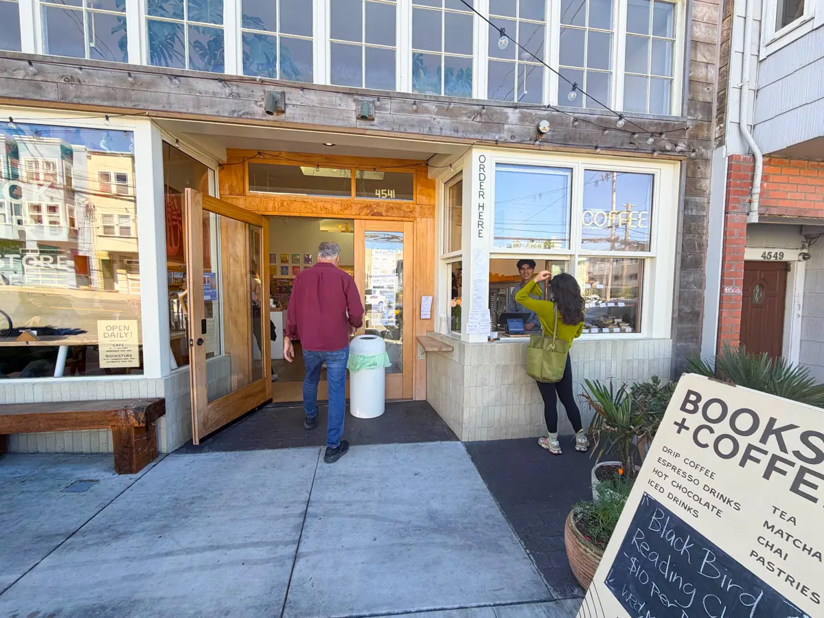 people in front of Blackbird Books Cafe in the outer sunset neighborhood of san francisco