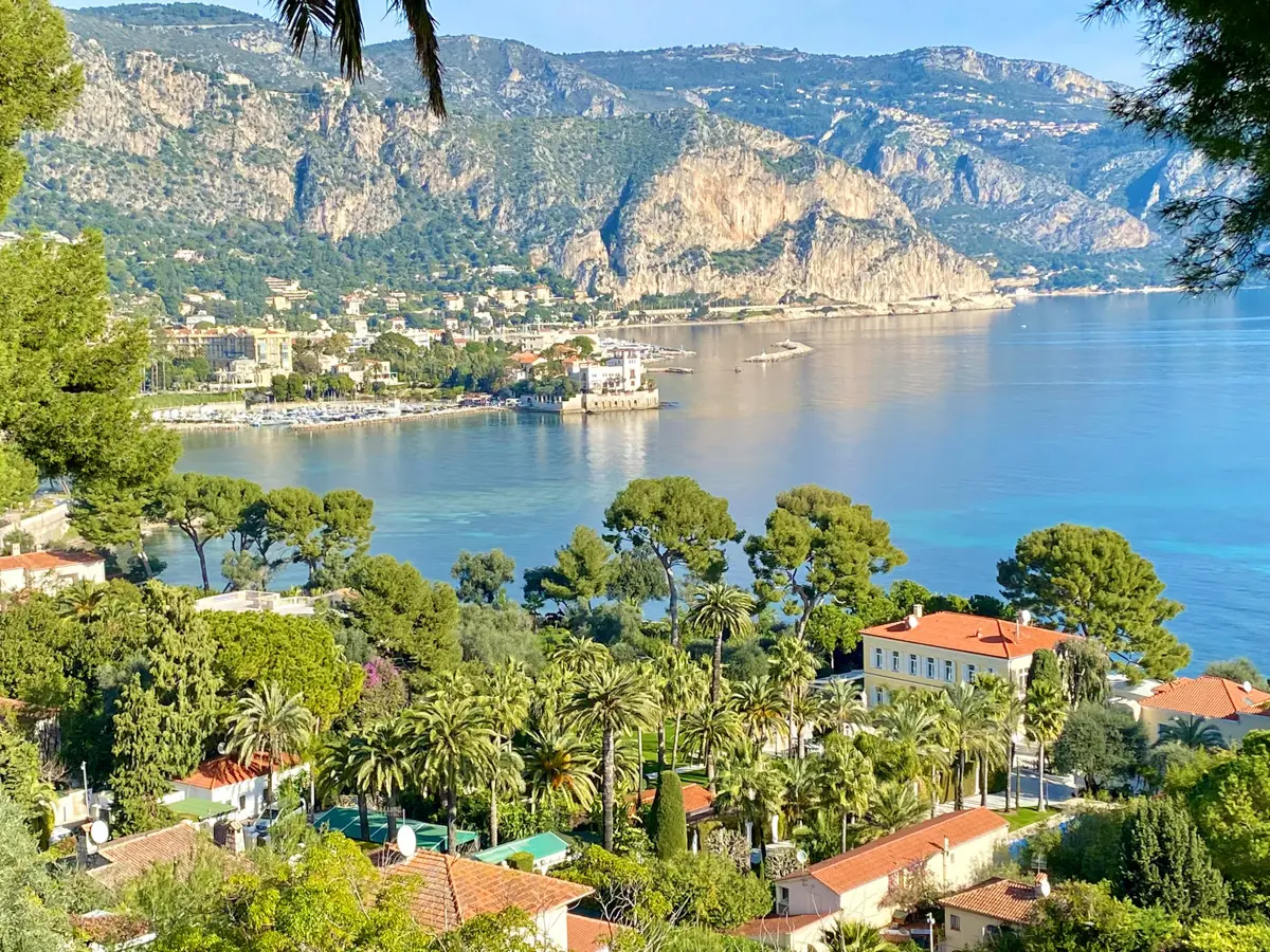 view from cap ferrat looking back at villa kerylos in beaulieu sur mer on the the french riviera