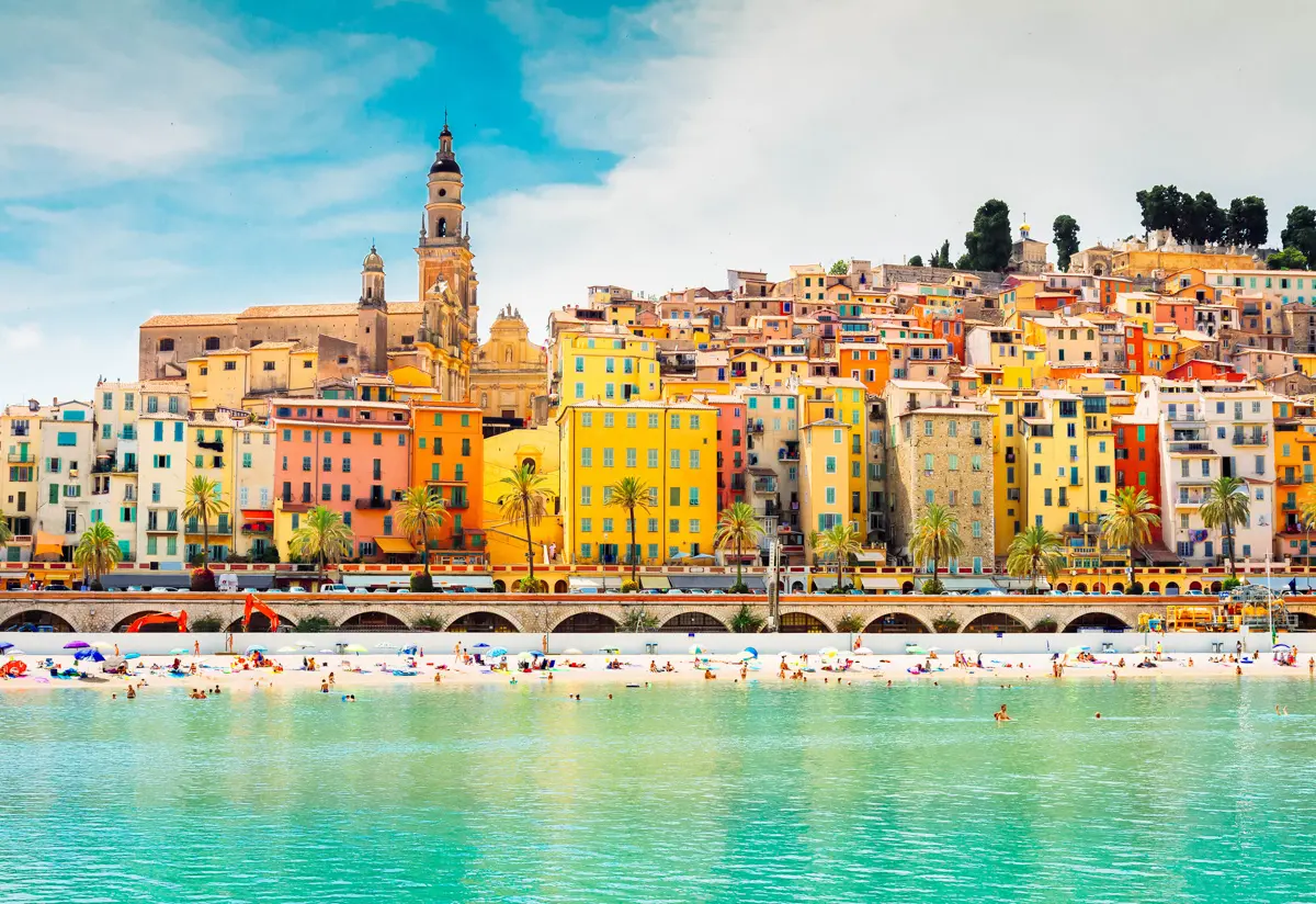 menton, france, on the french riviera with beach, sea and town views
