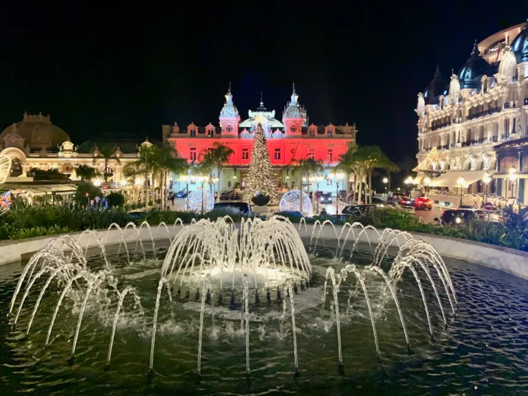 fountain in front of monte carlo casino in monaco, french riviera