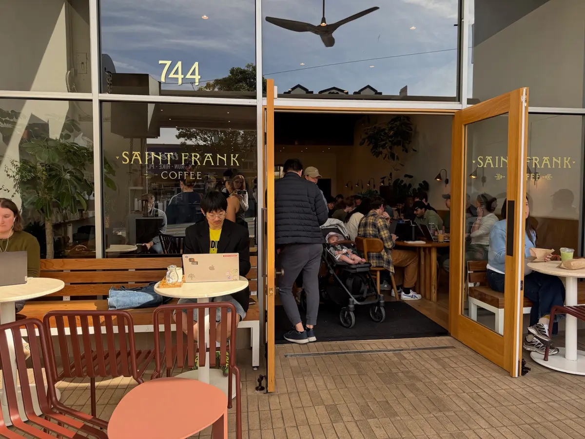 saint frank on irving street san francisco with line up and people working at cafe tables