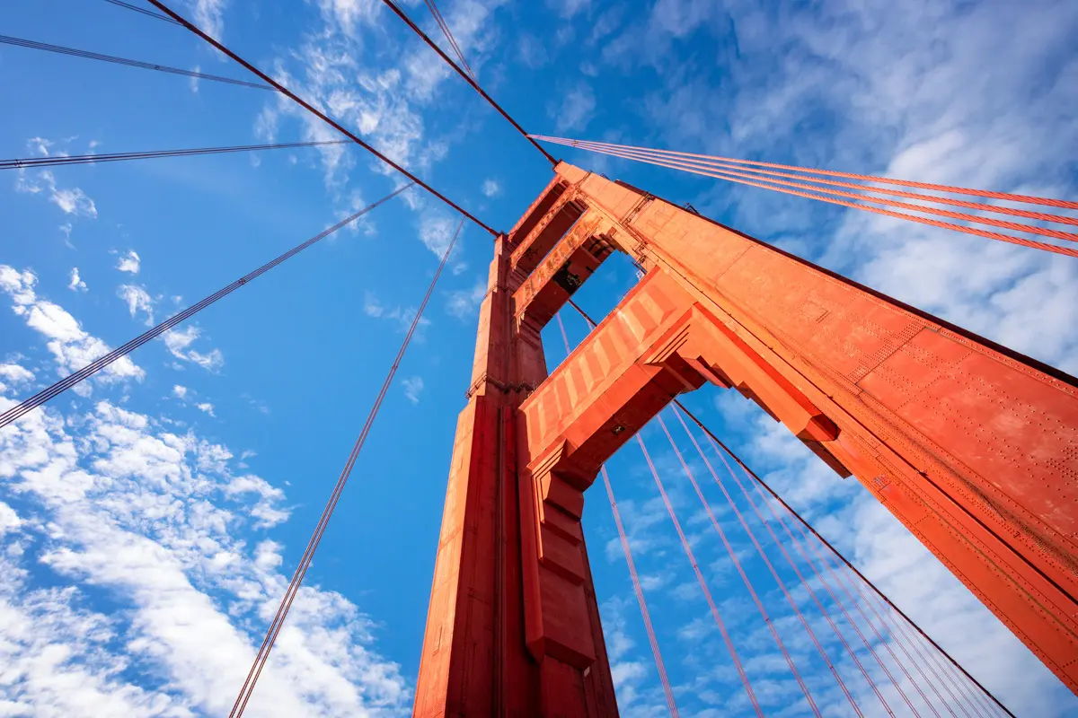 looking up at golden gate bridge tower in san francisco