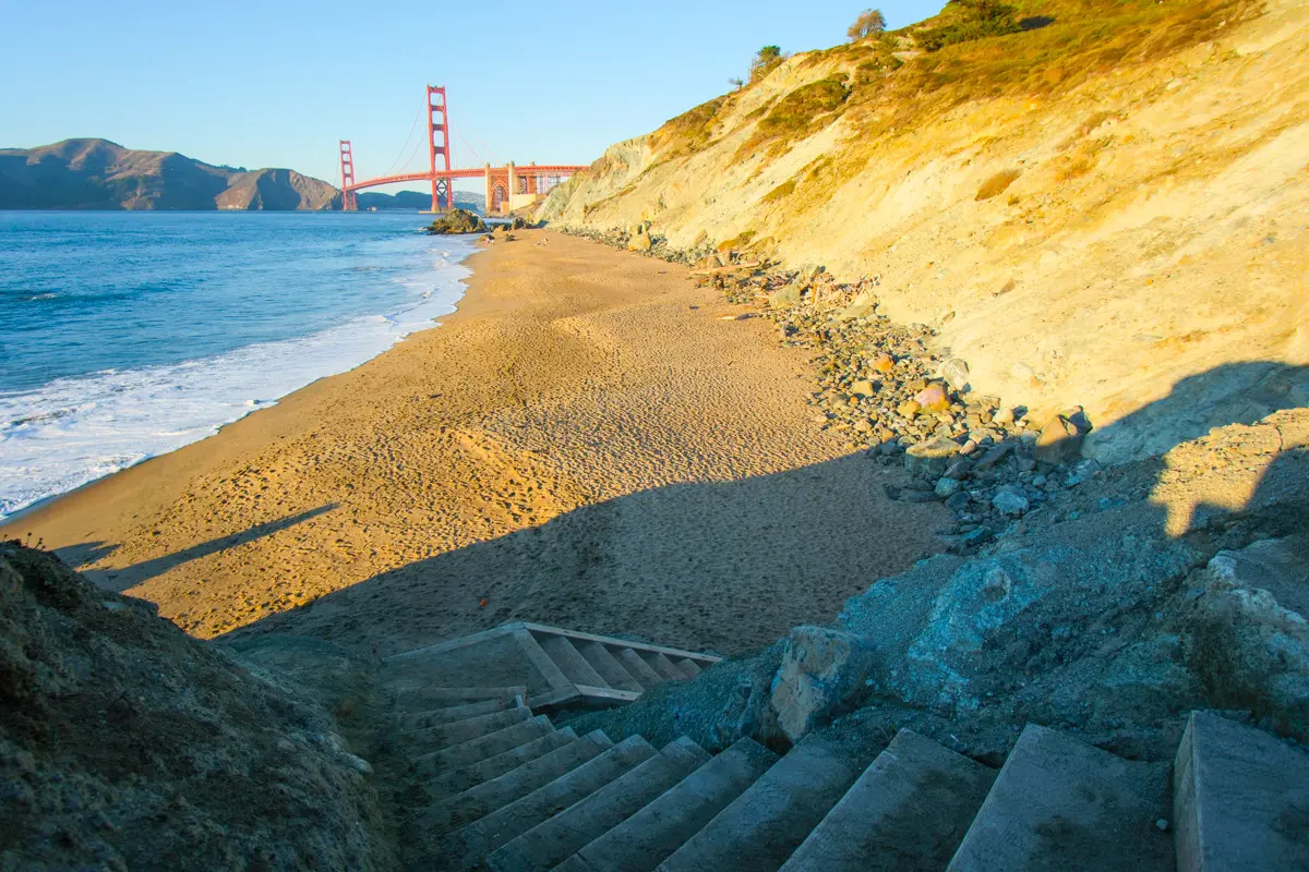 viewpoint of golden gate bridge from marshall's beach in san francisco 