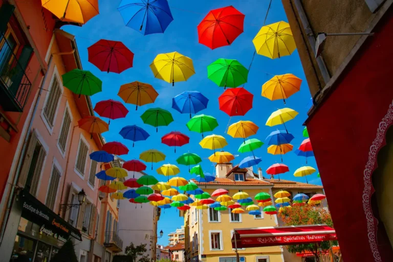 nice, france, umbrellas against the blue sky