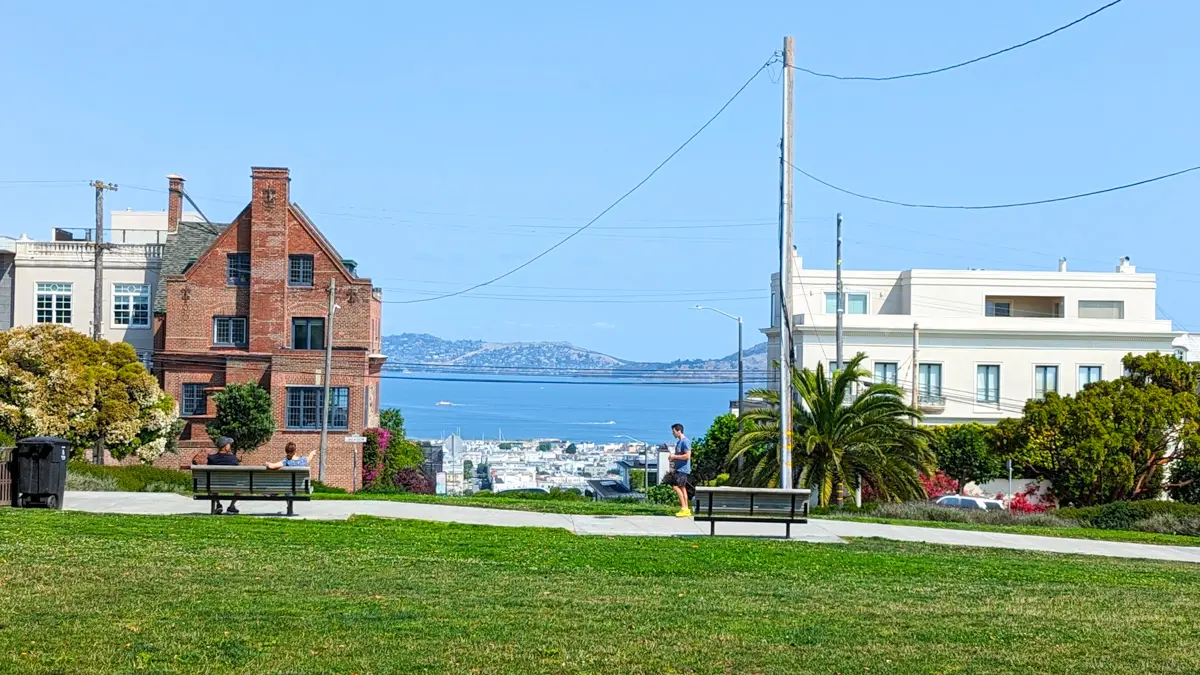 view of bay and houses from alta plaza park in the pacific heights neighborhood of san francisco