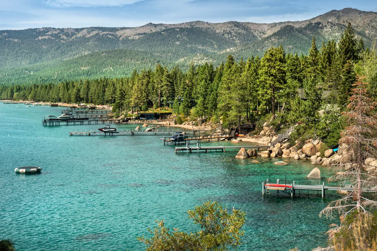 piers jutting out into turquoise lake tahoe water