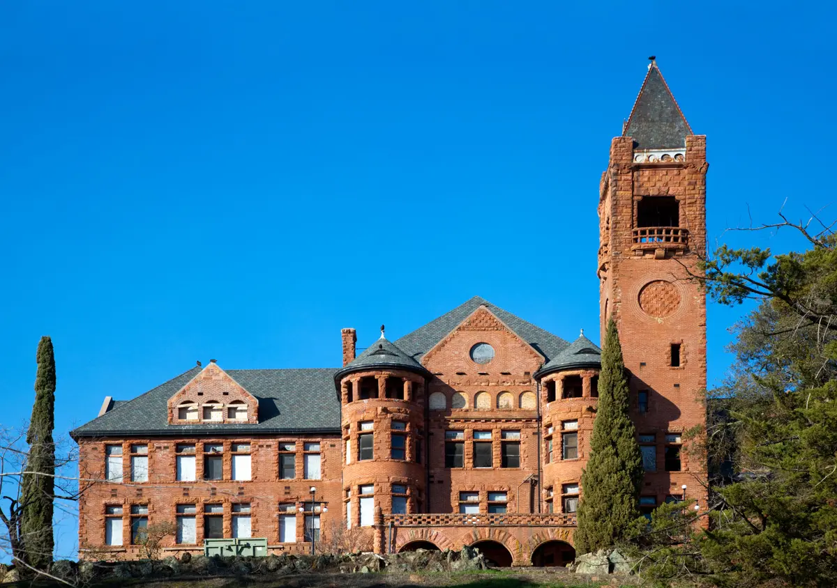 preston castle in california with blue skies behind