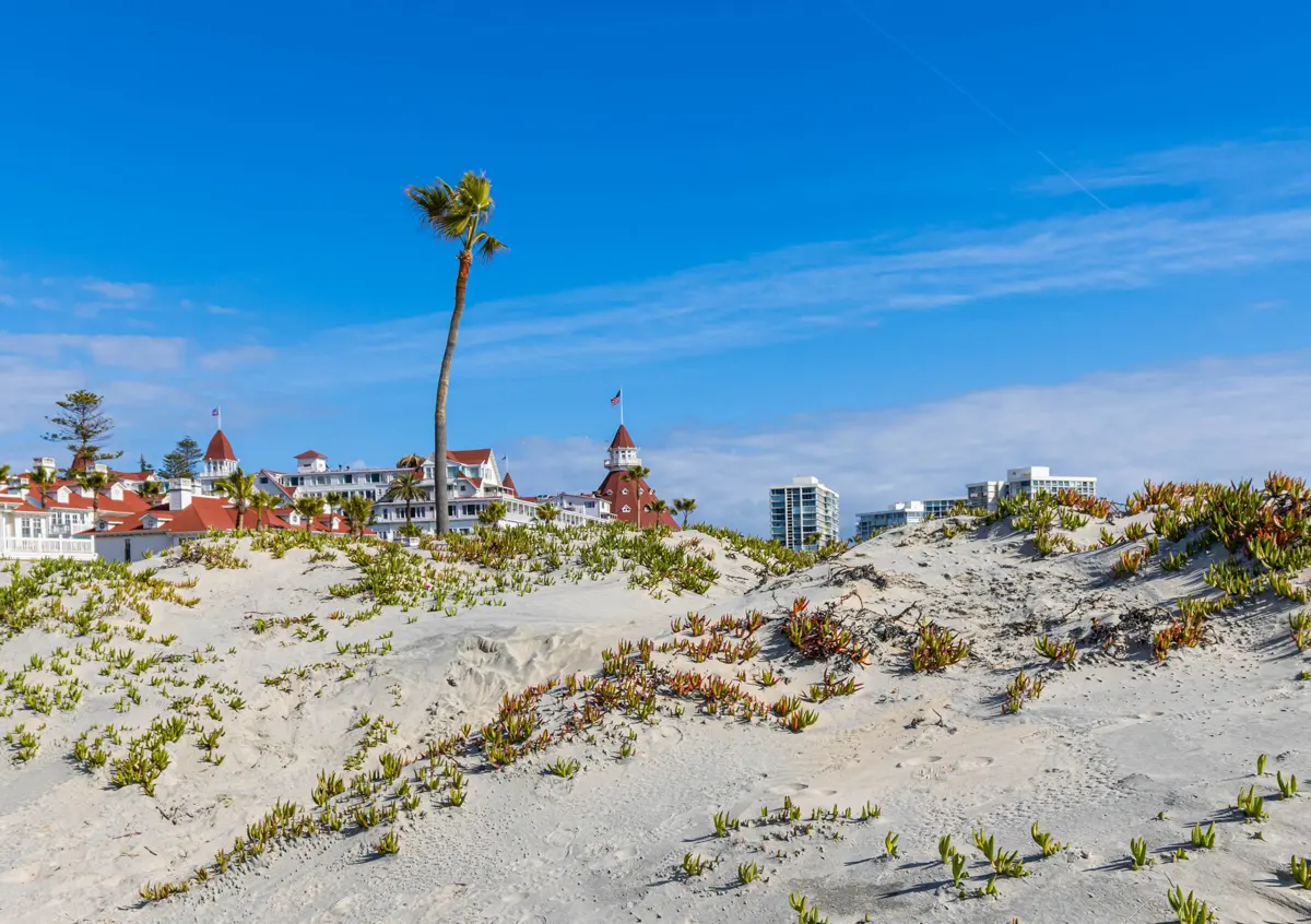 sand dunes and the hotel del coronado in san diego, california