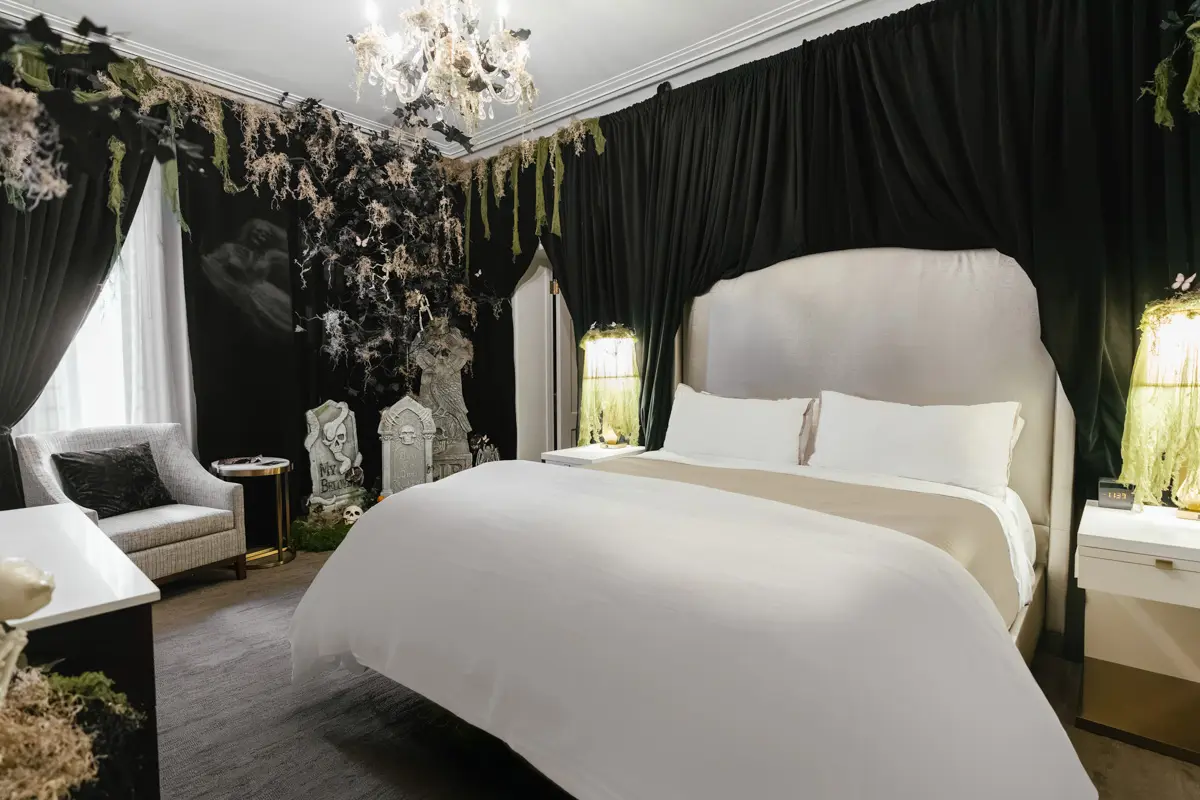westin st francis san francisco haunted hotel suite bedroom with spooky decor